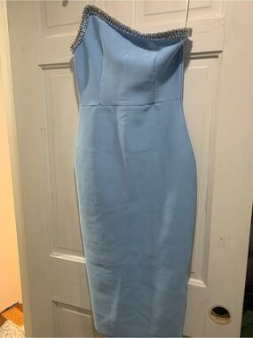 Strapless Light Blue Sheath Dress with Beaded Trim